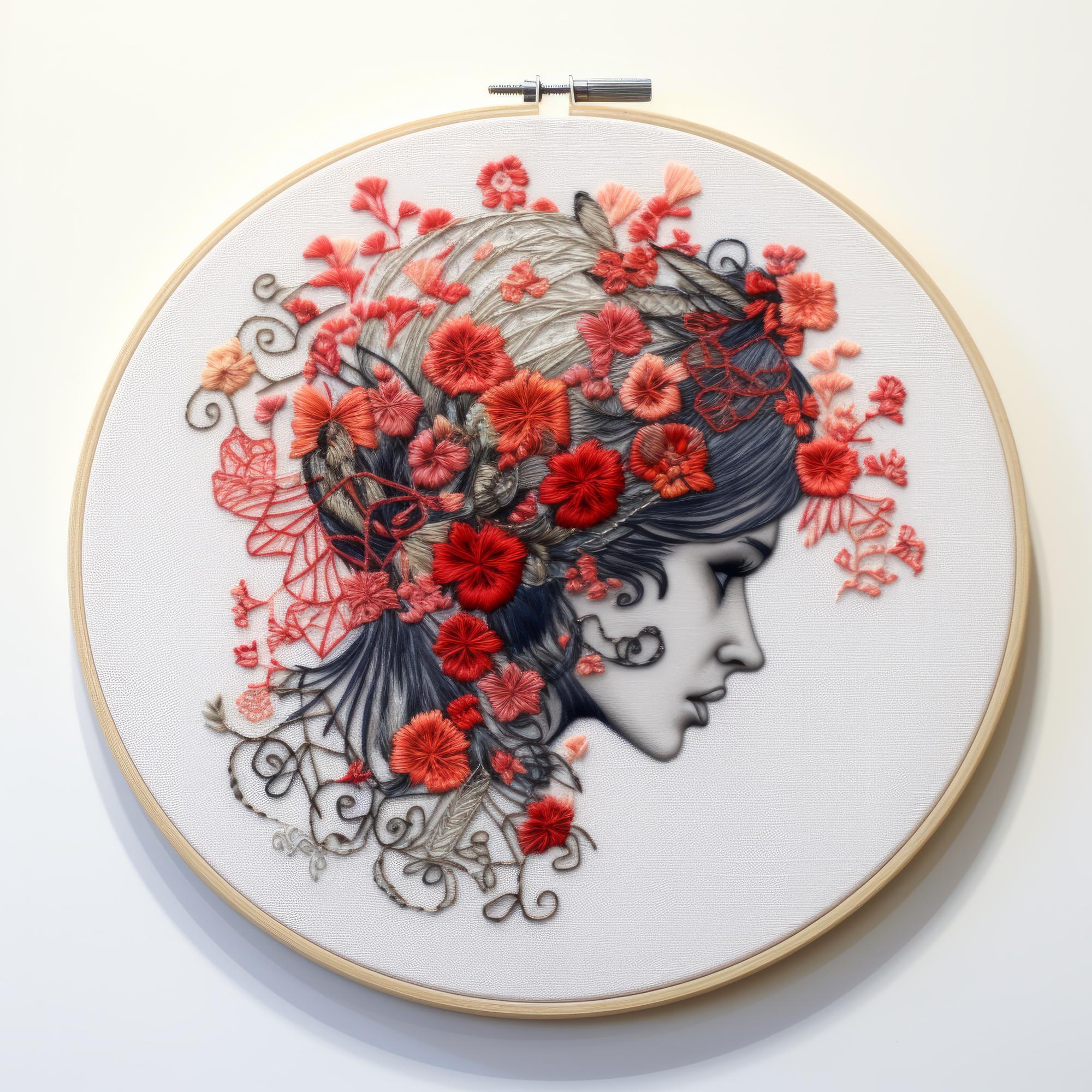 Embroidered portrait fragment with fine satin stitch